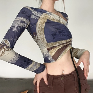 Slim fit long sleeve cropped top with vintage print and drawstring asymmetrical neckline