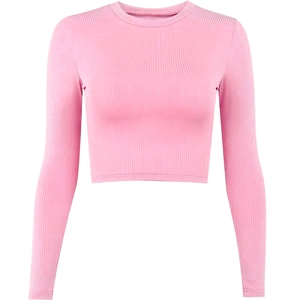 Women's pink long sleeve rib-knit crop top with a slim fit and classic crew neck