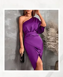 Detail view of purple satin one-shoulder dress with elegant ruching and side slit