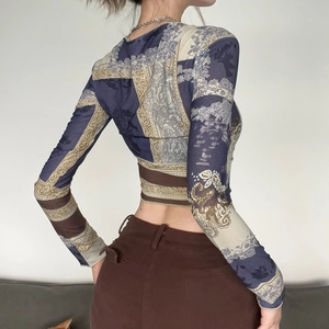 Vintage print long sleeve slim crop top with off-shoulder cut and drawstring design
