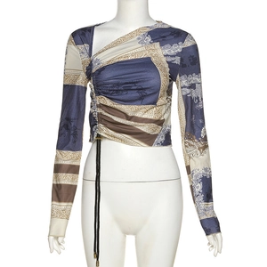 Baroque print off-shoulder crop top with drawstring sides and long sleeves for women