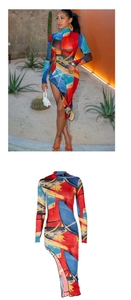 Detail of colorful abstract oil paint print on high neck long sleeve midi dress