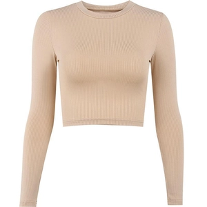 Slim fit khaki ribbed long sleeve crop top with a classic round neck and modern design
