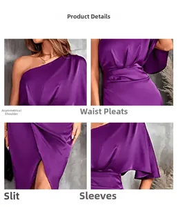 Detail of purple satin one-shoulder dress with ruffled sleeves and pleated waist design