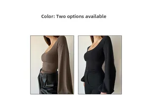 Detail of slim fit ribbed knit top with deep U-neck and elegant puffed lantern sleeves