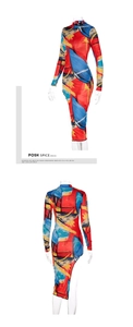Detail of artistic abstract print and side slit on this slim fit long sleeve maxi dress