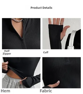 Detail view of black ribbed knit top showing zipper neck, thumbhole cuffs and fabric texture