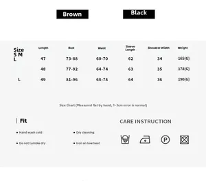 Size guide for women long sleeve U-neck top with measurements and care instructions