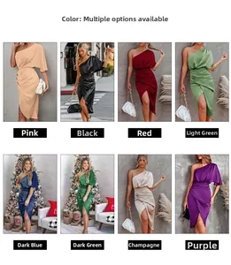 Available colors of one shoulder pleated satin midi dress for party and evening events