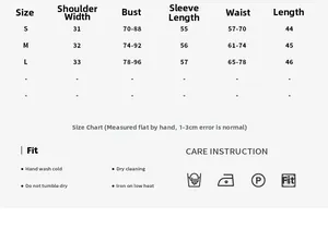 Size chart for knit half-zip long sleeve top with shoulder and bust measurements