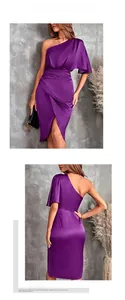 Detail of purple satin one-shoulder dress showing front and back ruched slit design