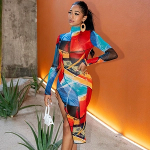 Women Sexy Mesh Sheer Abstract Graffiti Print Bodycon Dress Round Neck Long Sleeve High Slit Midi Party Club Dress