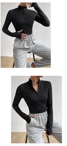 Detail of black ribbed slim-fit top with thumbhole sleeves and quarter-zip collar