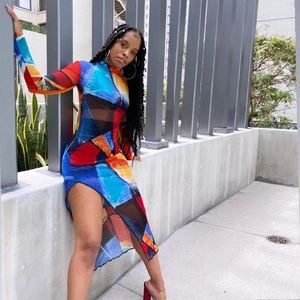 Sexy abstract print long sleeve midi dress with side slit and mock neck for women