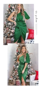 Detailed view of the dark green one-shoulder satin dress with waist pleats and side split