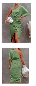 Detail of sage green one-shoulder satin dress with waist pleats and side slit