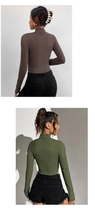 Detail of fitted cropped long sleeve knit top with mock neck in brown and olive green