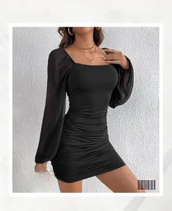 Detail of square neck bodycon dress with ruched texture and sheer mesh sleeves