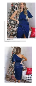 Detail of navy blue one shoulder satin dress with elegant ruched wrap design for party