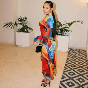 Women's chic bodycon long sleeve dress featuring bold artistic abstract digital prints