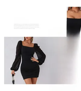 Detail of square neckline and sheer mesh puff sleeves on black bodycon dress