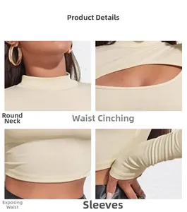 Dettaglio del girocollo e dell'apertura sul petto del crop top beige a maniche lunghe