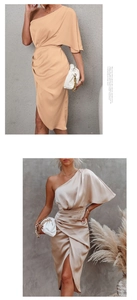 Detail of elegant one-shoulder champagne satin dress with draped sleeve and ruched waist