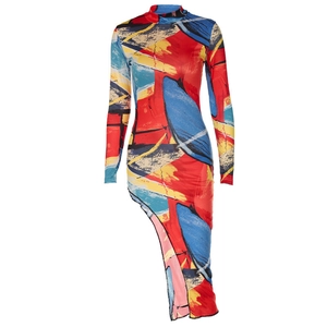 Bodycon long sleeve dress with colorful abstract digital print and asymmetric hemline