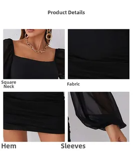 Detail view of square neck, mesh puff sleeves, and pleated fabric on slim fit dress