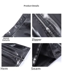Détails de la jupe en PU noir montrant la taille haute, le zip et les surpiqûres
