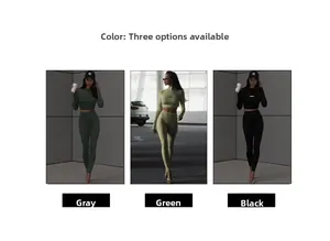 Detailed view of women's yoga set in three colors: sleek gray, green, and black options