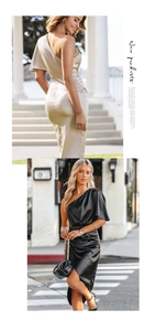 Detail of elegant one-shoulder champagne satin midi dress with a pleated waist design