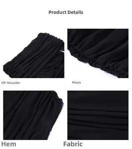 Detailed views of off-shoulder mesh fabric and pleated texture on this black dress