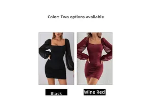 Elegant square neck bodycon dress featuring mesh puff sleeves in black and wine red