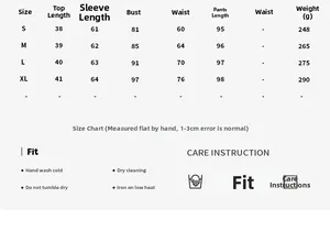 Detailed size chart for long sleeve crop top and yoga pants set with measurements
