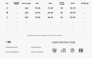 Detailed size chart for black mesh dress including length, bust, waist, and care instructions