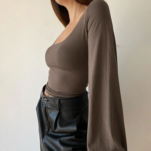 Slim fit U-neck long sleeve T-shirt in coffee brown featuring trendy oversized bell sleeves