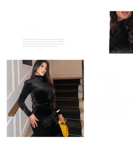 Détail de robe longue en velours noir à col montant et manches longues coupe ajustée