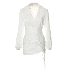 White deep V-neck pleated long sleeve mini dress with adjustable side drawstring detail