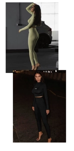 Detail view of slim fit long sleeve crop top and yoga pants set in black and green colors