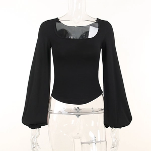 Women's black square neck long sleeve top with puff sleeves and slim fit design
