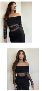 Close-up of black mesh sleeves and ruched details on an off-shoulder bodycon dress