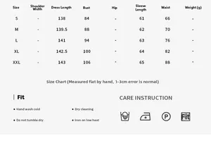 Tableau des tailles pour robe en velours de S à XXL avec instructions d'entretien détaillées