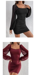 Detail of ruched bodycon dress with square neck and sheer mesh puff sleeves in wine and black
