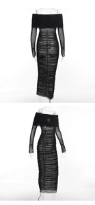 Close-up of ruched mesh texture and off-shoulder detail on the black cocktail dress