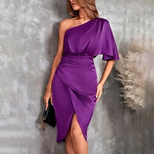 Elegant purple one-shoulder satin dress with asymmetrical drape and pleated waist details