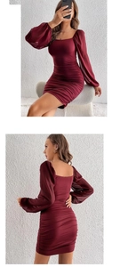 Detail of burgundy bodycon dress featuring square neck and mesh lantern sleeves