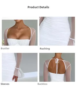 Détails de robe blanche plissée avec manches en tulle et design dos nu sophistiqué