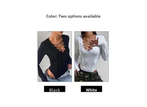 Détail d'un body en maille côtelée avec décolleté en V profond et lacets en noir et blanc