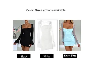 Comparaison détaillée de mini robes plissées en noir, blanc et bleu clair avec mesh
